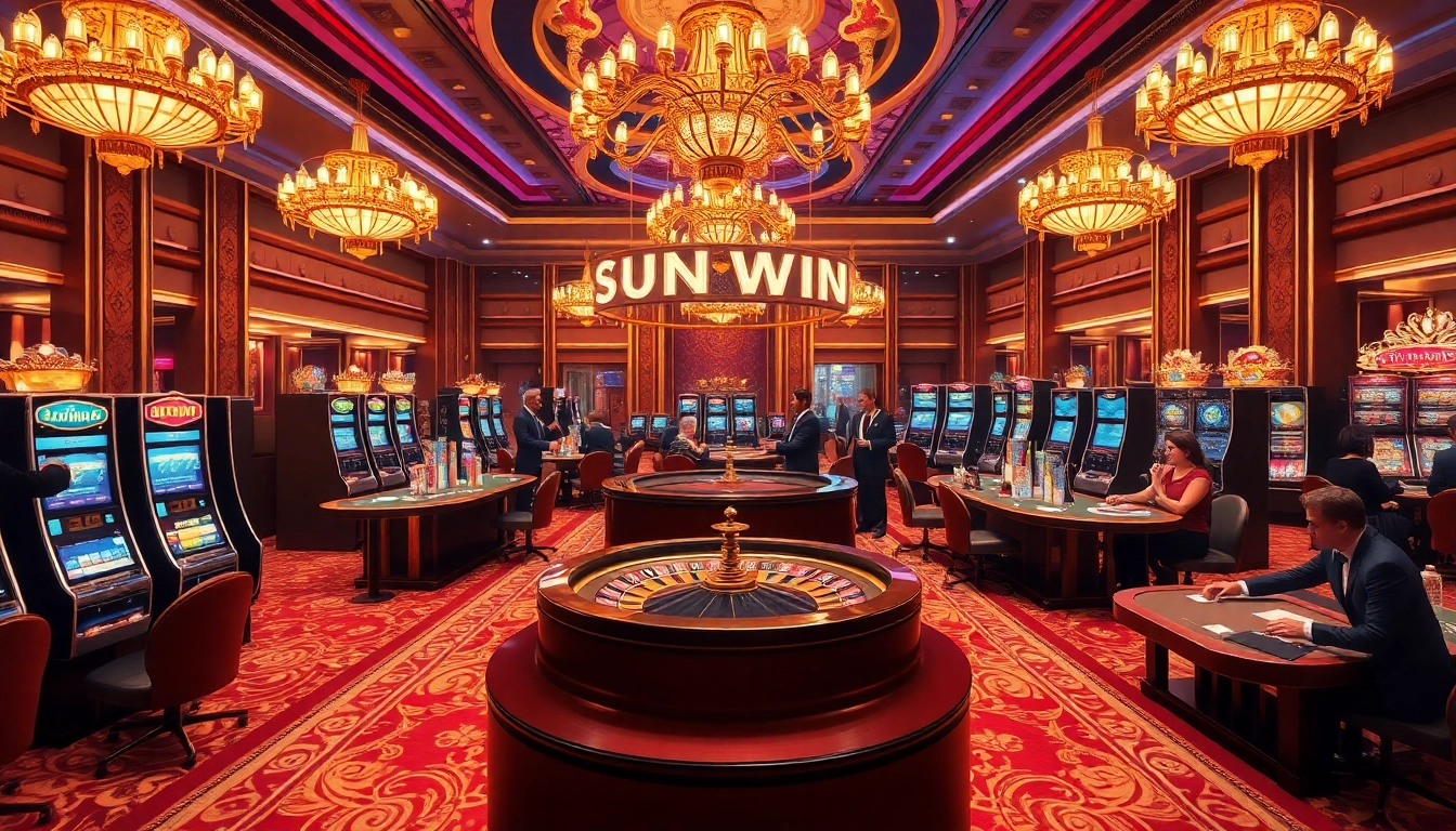 SUNWIN casino scene featuring high-stakes gameplay with vibrant slot machines and excited players.