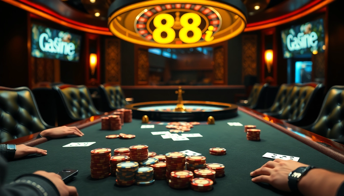 High-stakes poker game at a luxurious casino featuring 88i chips and cards.