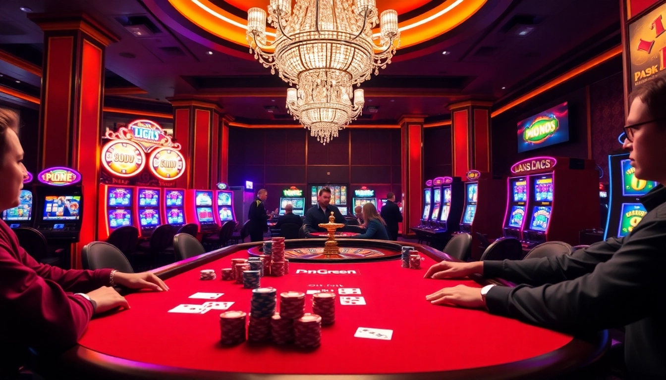 Players enjoy an exciting game at pg88bet.it.com casino, featuring vibrant poker tables and slot machines.