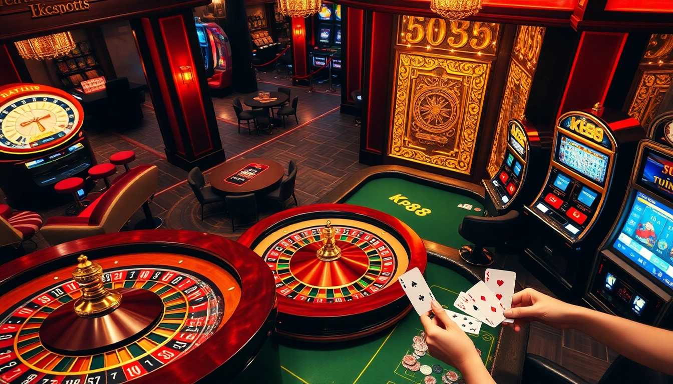 Gambling scene showcasing Nhà cái KP88 with players at a roulette wheel and poker table.