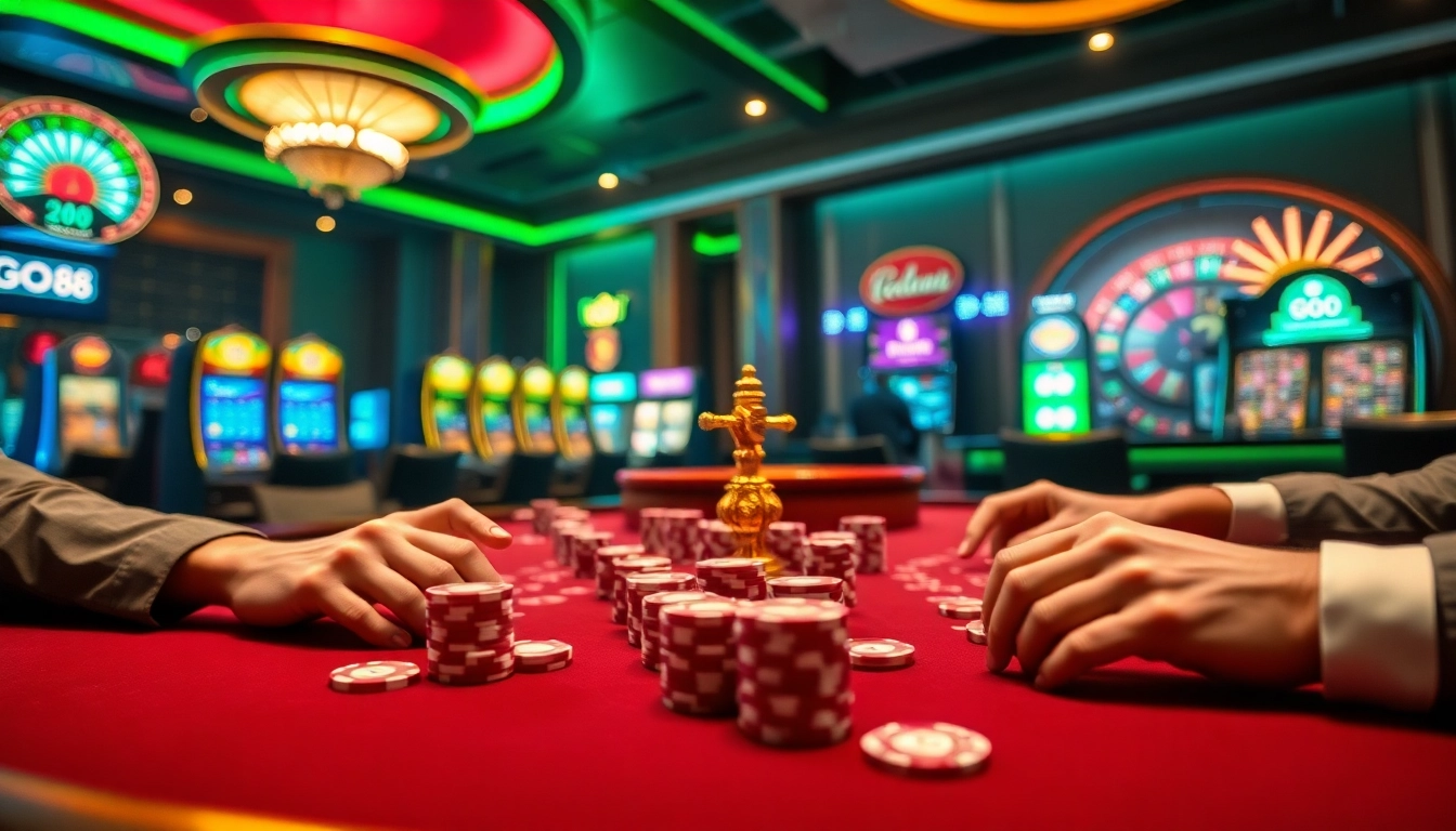 Players engaging at a GO88-themed poker table, depicting high-stakes action and luxury.