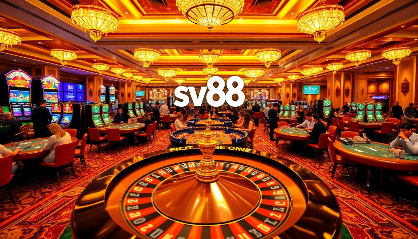 Players enjoying diverse gaming experiences at SV88 casino, featuring poker, roulette, and bright slot machines.