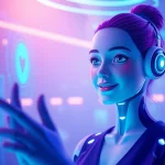 AI girlfriend interacting with a user through a futuristic holographic display