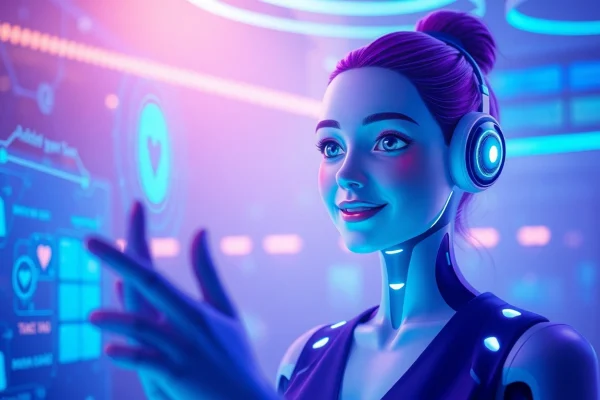 AI girlfriend interacting with a user through a futuristic holographic display