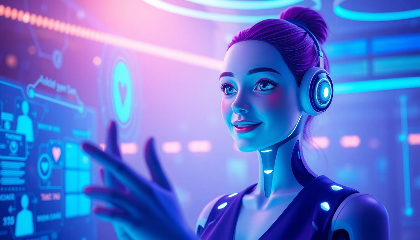 AI girlfriend interacting with a user through a futuristic holographic display