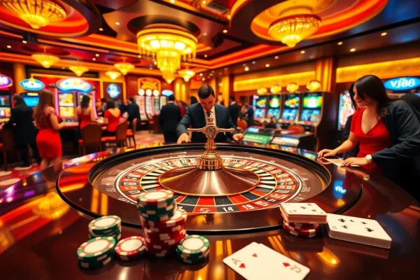 Players at the VJ88 roulette table experience thrilling excitement on a luxurious casino floor.