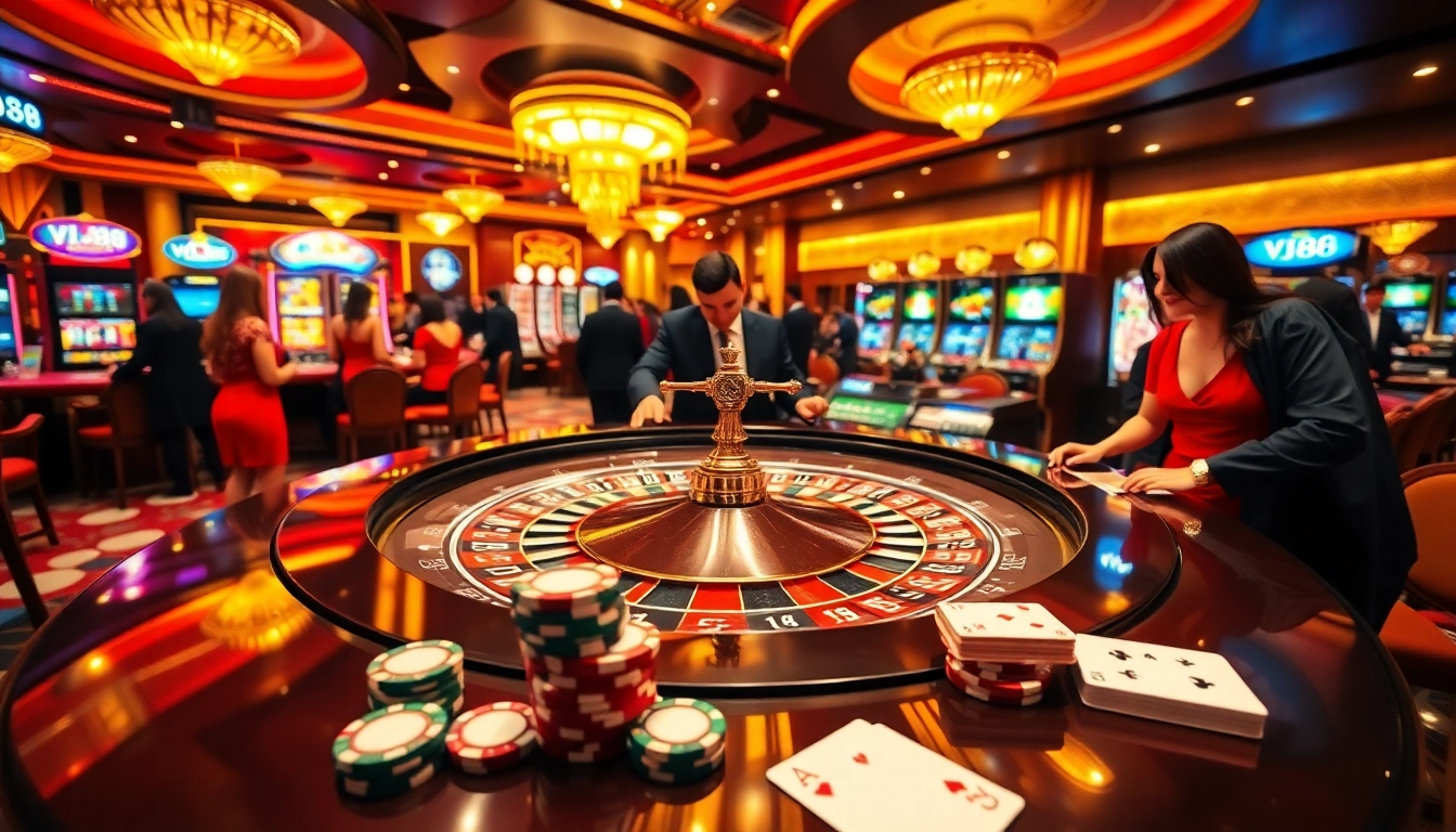 Players at the VJ88 roulette table experience thrilling excitement on a luxurious casino floor.