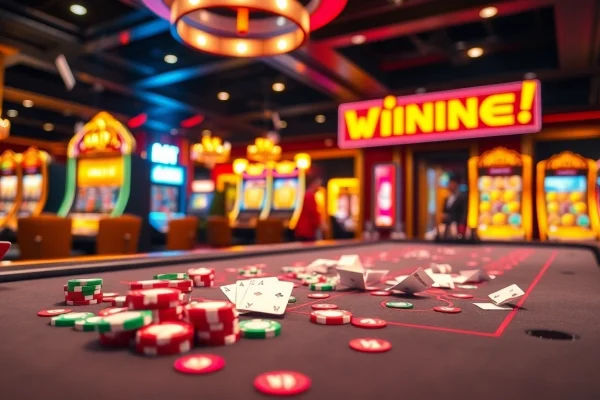 Players enjoying a winning moment at 69vn com casino with vibrant slot machines and blackjack tables.