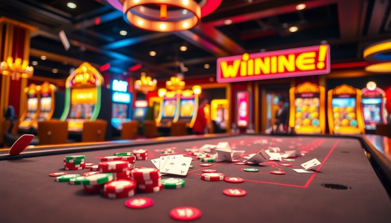 Players enjoying a winning moment at 69vn com casino with vibrant slot machines and blackjack tables.