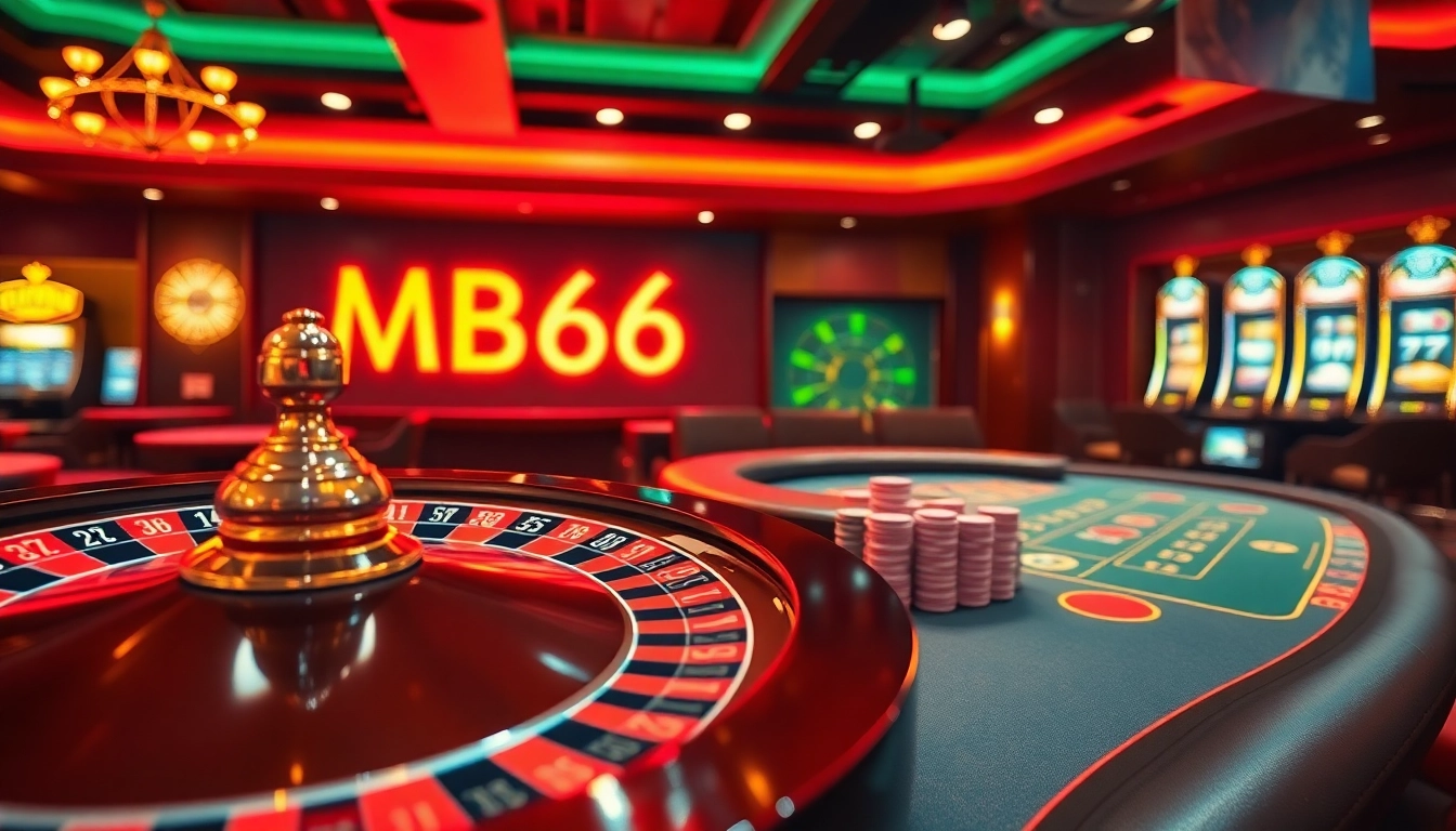 Experience thrilling gameplay at MB66 Casino with luxurious poker tables and vibrant slot machines.
