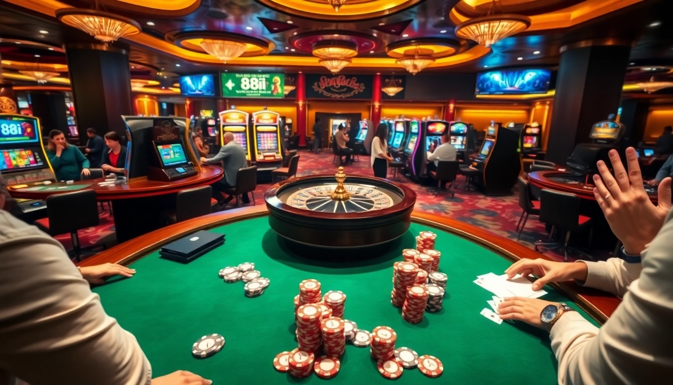 Engaging casino scene with players enjoying games and focusing on the excitement of 88i-themed poker.