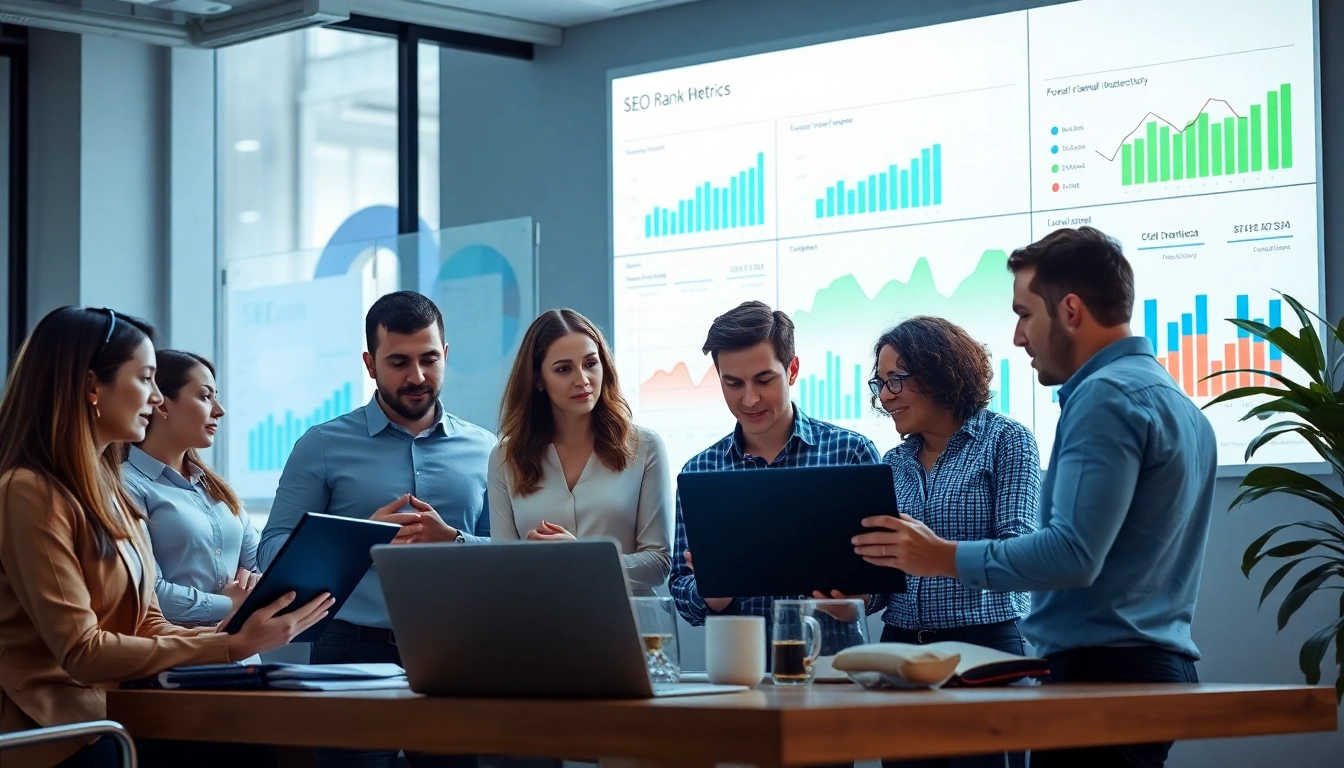 Team analyzing data metrics to improve SEO Rank with charts and modern tools in a bright office.