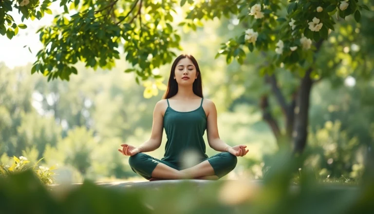 Meditation promotes mental wellness through tranquility and focus in a natural setting.