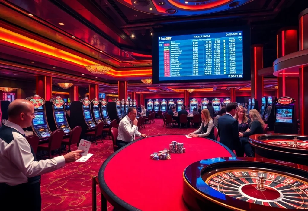 THABET casino scene with players engaging at card tables and vibrant slot machines.