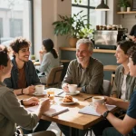 Men engaging in supportive conversations at a manclub event in a cozy café.