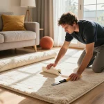 Skilled carpet fitters near me transforming a cozy living room with quality carpet installation.
