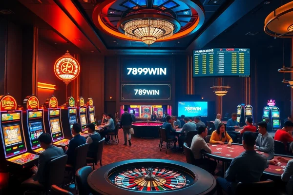 Exciting casino atmosphere at 789WIN featuring vibrant slot machines and poker tables.