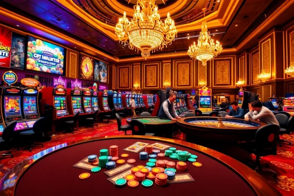 Engaging players at a lively casino scene featuring slot machines from https://tg88.to/ and a roulette table.