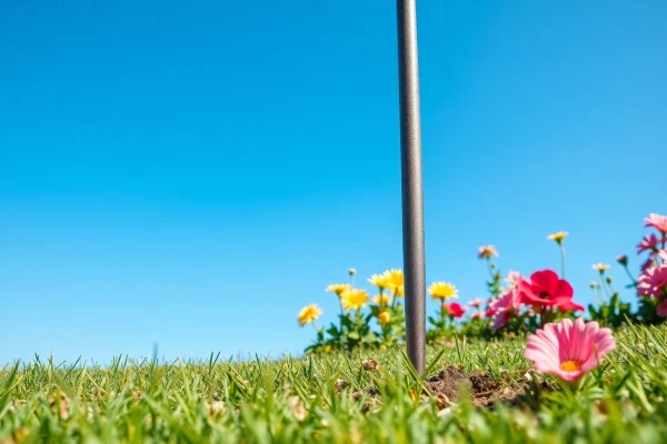 יתד אנקור מושרש היטב באדמת גינה עשירה, המדגיש את העמידות והאמינות שלו לאבטחת הצמחים.