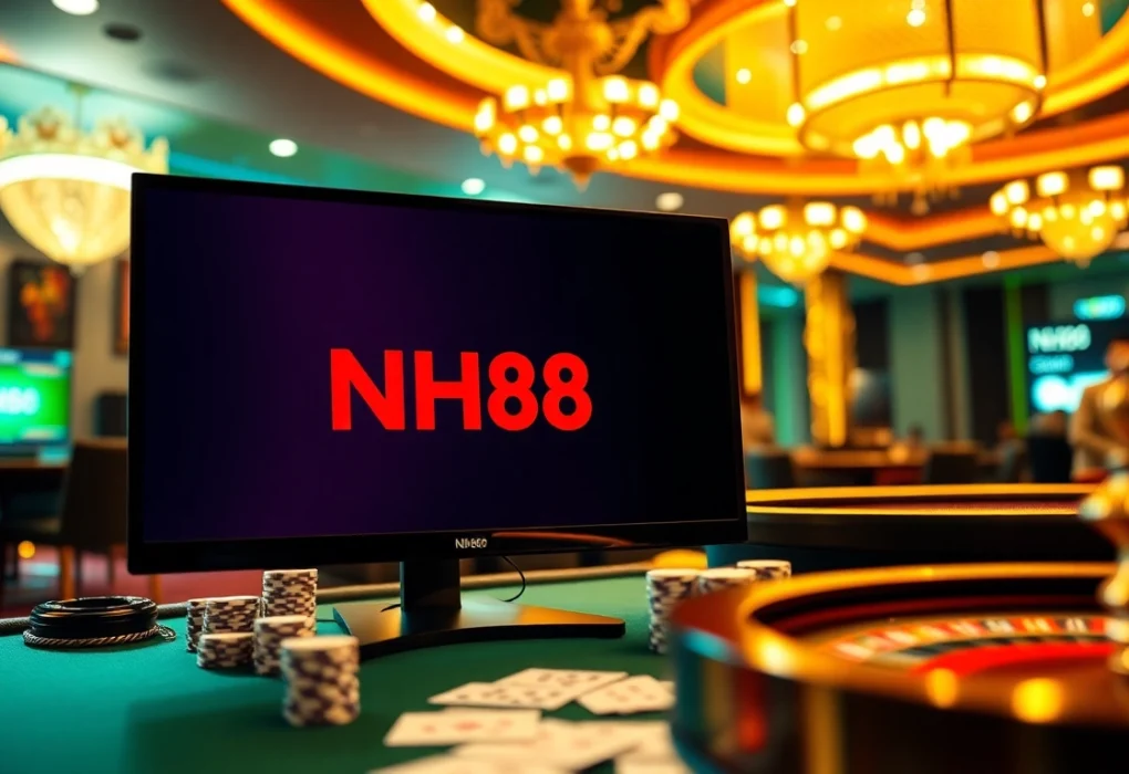 Experience the excitement of NH88 with vibrant casino tables, poker chips, and a sleek online interface.