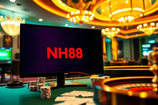 Experience the excitement of NH88 with vibrant casino tables, poker chips, and a sleek online interface.