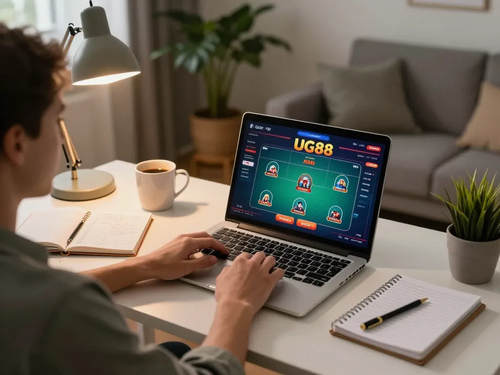 Player engaging with UG88 online gaming on laptop in a cozy home setup, emphasizing responsible betting practices.