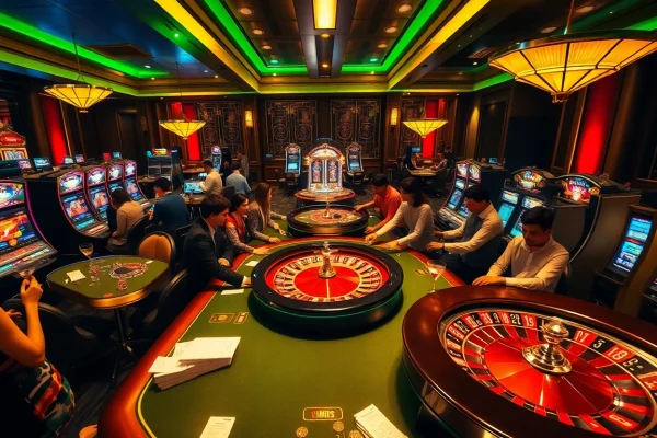 Kuwin 789 offers an exciting casino atmosphere with gamblers at poker tables, spinning roulette wheels, and vibrant slot machines.