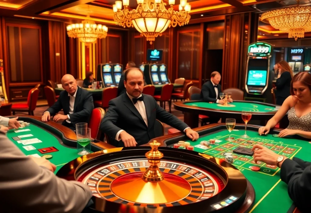 Players enjoying high-stakes gaming at MM99 casino tables, highlighting poker chips and cards.
