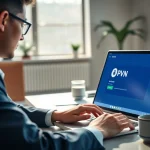 在专业环境中的现代笔记本上的快连官网 VPN 界面。