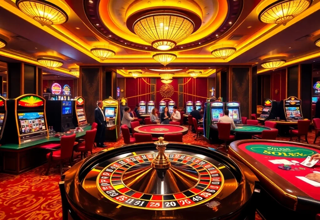 Experience the thrill of casino gaming with BJ88, featuring poker tables and vibrant slot machines.