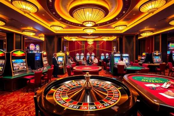 Experience the thrill of casino gaming with BJ88, featuring poker tables and vibrant slot machines.
