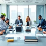Lawyers for business setup in the US discussing company registration in a professional office.