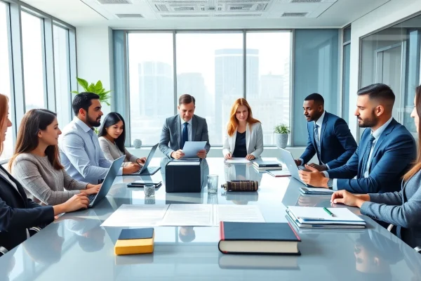 Lawyers for business setup in the US discussing company registration in a professional office.