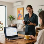 Engaging Airbnb management Melbourne consultation with a property manager in a stylish apartment interior.