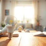 Bright LED A19 light bulb illuminating a cozy living space, showcasing modern design and warmth.