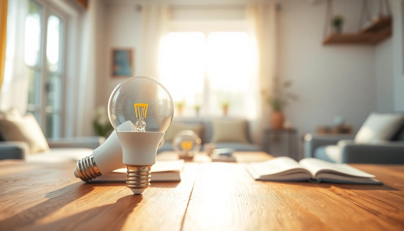 Bright LED A19 light bulb illuminating a cozy living space, showcasing modern design and warmth.