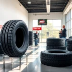 Showcase of RR99 all-position tire in a professional tire showroom with robust tread patterns and engaging customer service.