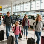 Family arriving at Leeds airport for a trip, showcasing a Cheap airport taxi leeds service.