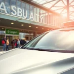 Taxi service providing transport outside London City airport for travelers.