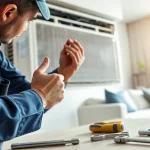 AC Repair Tampa: Experienced technician fixing an air conditioning unit in a cozy home.