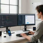 Moltbot personal AI assistant in a tech workspace with a developer coding and managing tasks on dual monitors in a modern office.