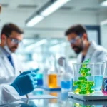 Engaged scientists synthesizing Peptides UK in a high-tech laboratory environment.