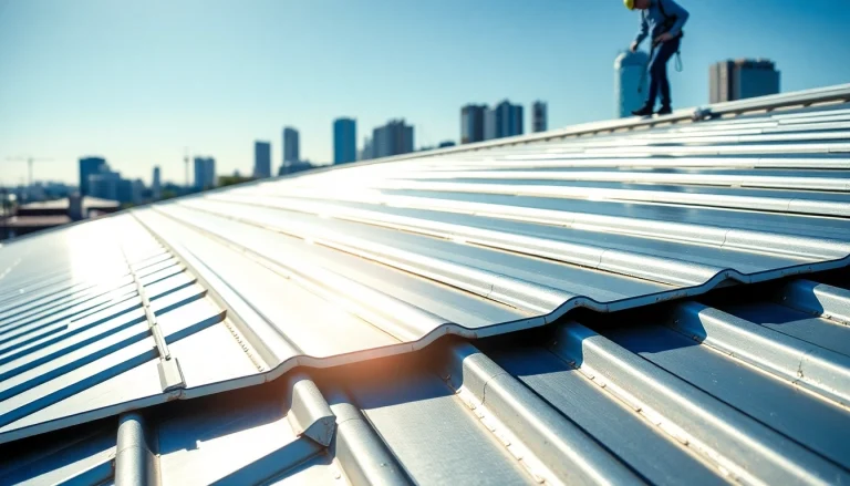 Installing durable metal roofing toronto with a professional contractor in a sunny urban environment.