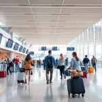 Travelers navigating the dynamic city airport, showcasing vibrant activity and modern facilities.