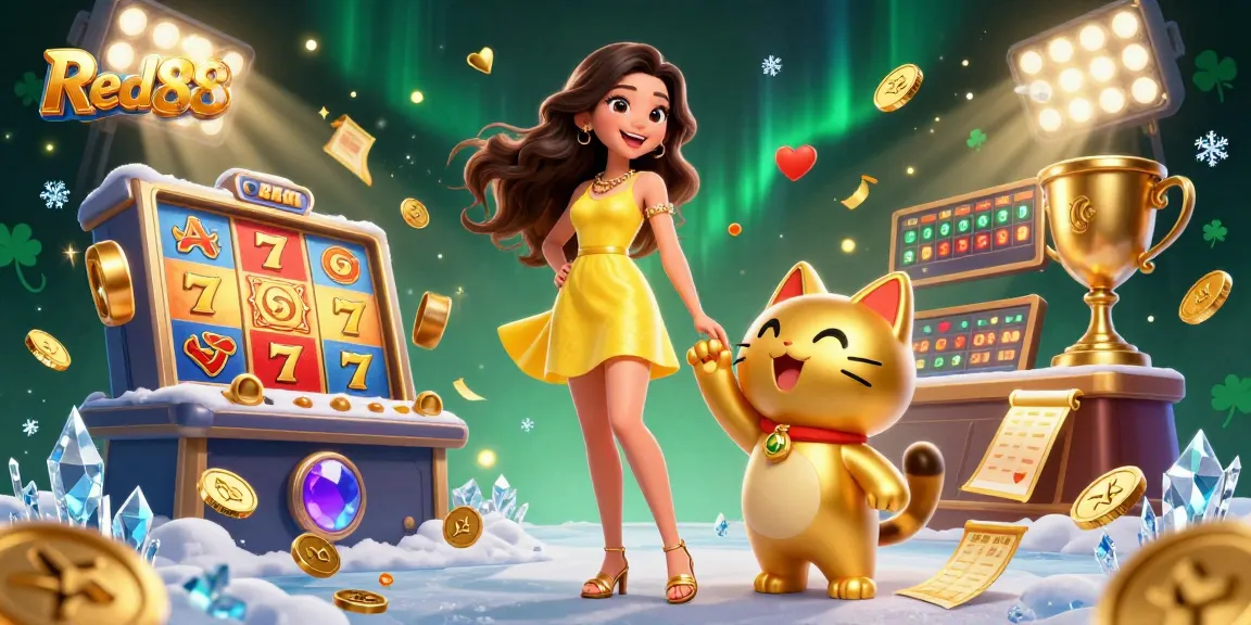 Experience the excitement of Red88 with a cheerful atmosphere filled with lucky charms and vibrant slot reels.