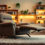 Enjoy a comfortable lay flat recliner in a cozy living room setting with warm lighting.