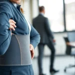 Wearing a posture garment, a person improves their posture in a modern office setting.