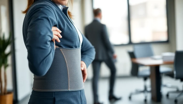 Wearing a posture garment, a person improves their posture in a modern office setting.