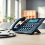 Showcase a small business phone systems setup in a modern office, featuring sleek design and bright ambiance.