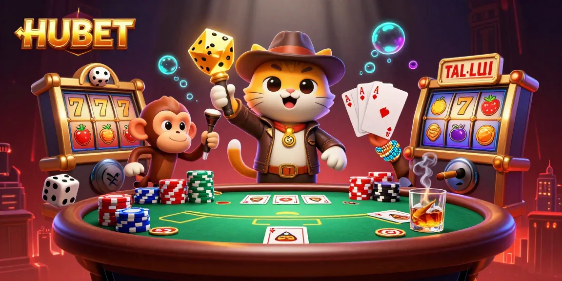 HUBET introduces a thrilling adventure with cat explorer uncovering golden gaming mysteries amidst vibrant casino elements.